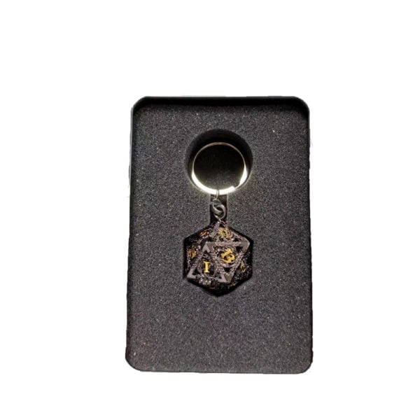 porte clé d20 avec lot de 7 mini dés métal 5mm